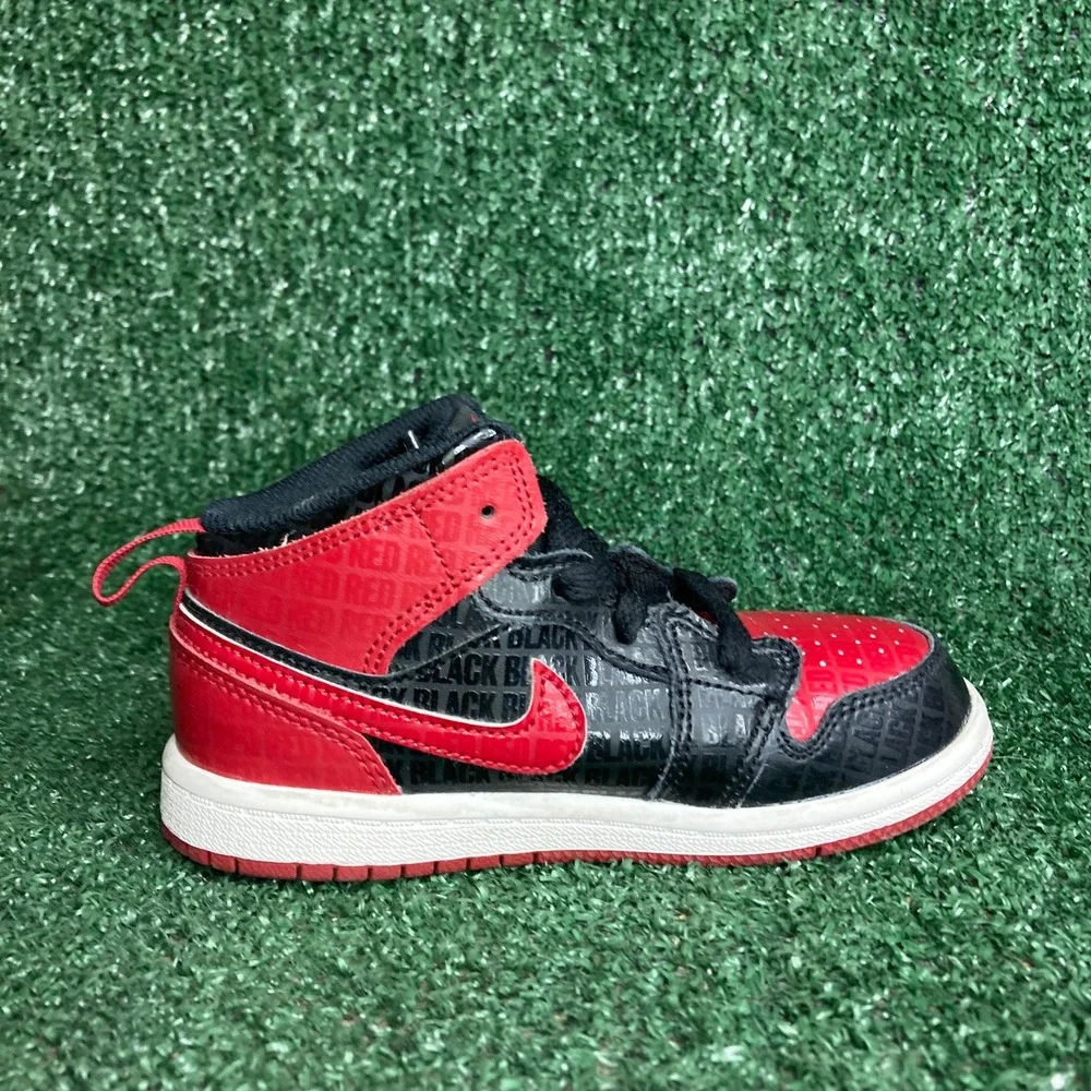 Nike Air Jordan 1 Mid Bred‎ Text DM9649-001 Sneakers Black Red Toddler Size 9C